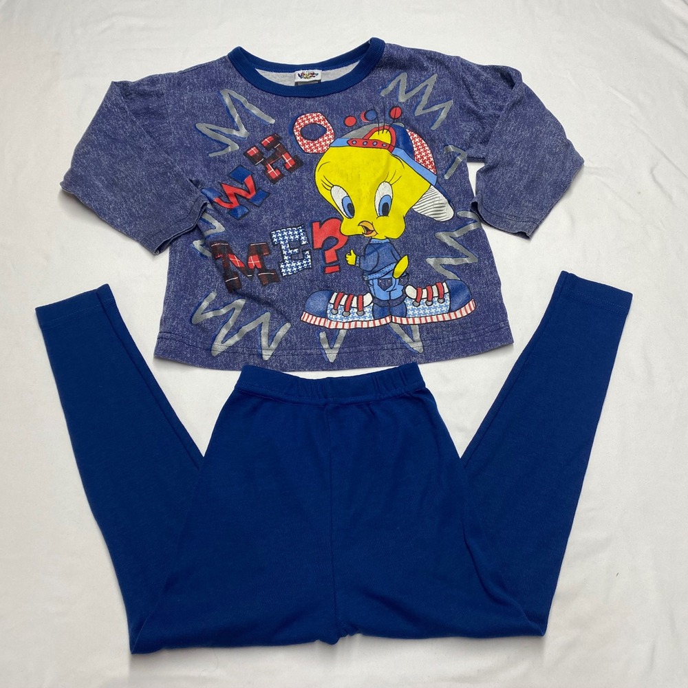 Vintage 1996 Looney Tunes Tweety Bird Who Me Pajama Set Blue Kids 4T USA Made